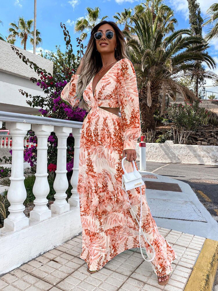 Fashion Women Clothing Spring Long Printed V-Neck Long Sleeve Maxi Dress 15