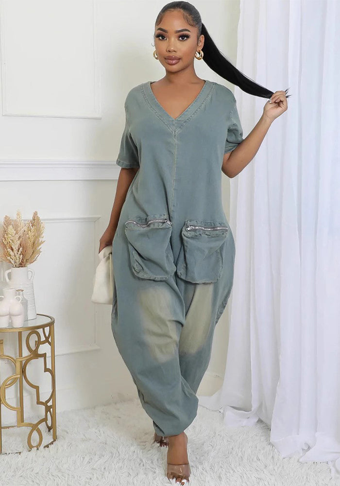 Women Style Pocket Washed Denim Jumpsuit