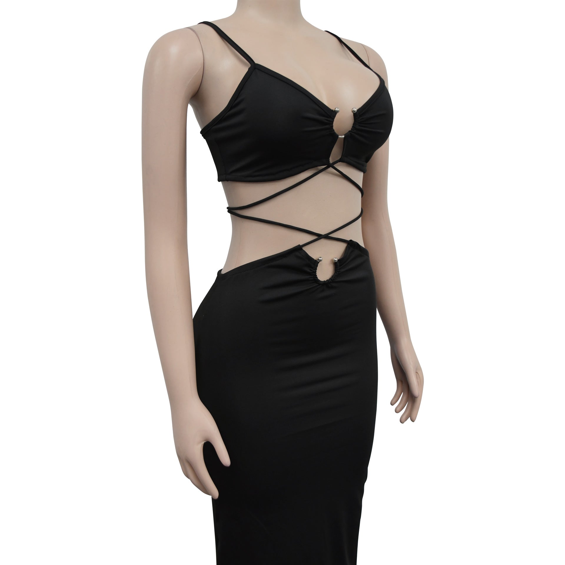 Women's Fashion Solid Color Lace-Up Sleeveless Straps Maxi Dress 32