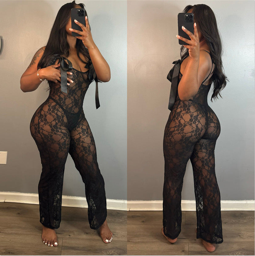 Spring and summer women's lace sleeveless sexy strap jumpsuit