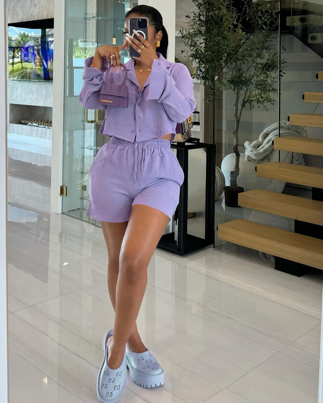 Women's Solid Color Long Sleeve Shirt Shorts Two-Piece Set 7