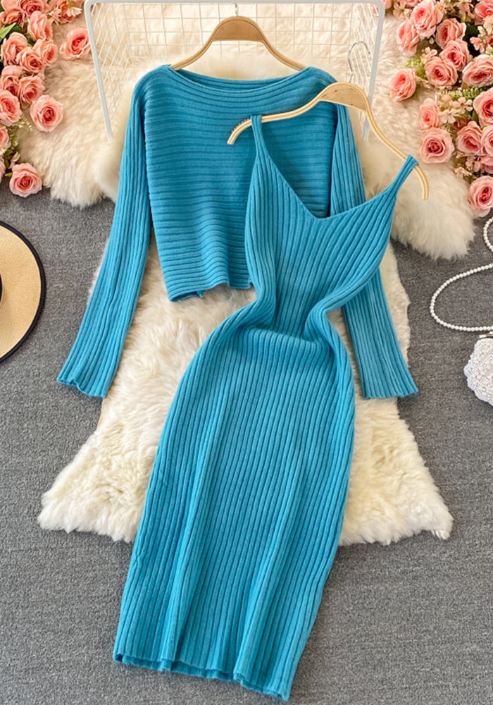 Women retro chic knittingv collar Top and Bodycon Dress two-piece set