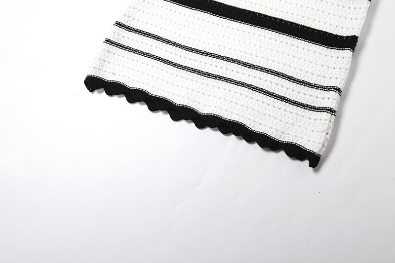 Summer Lace-Up Deep V Low Back Tops High Waist Slim Striped Skirt Two Piece Set 15