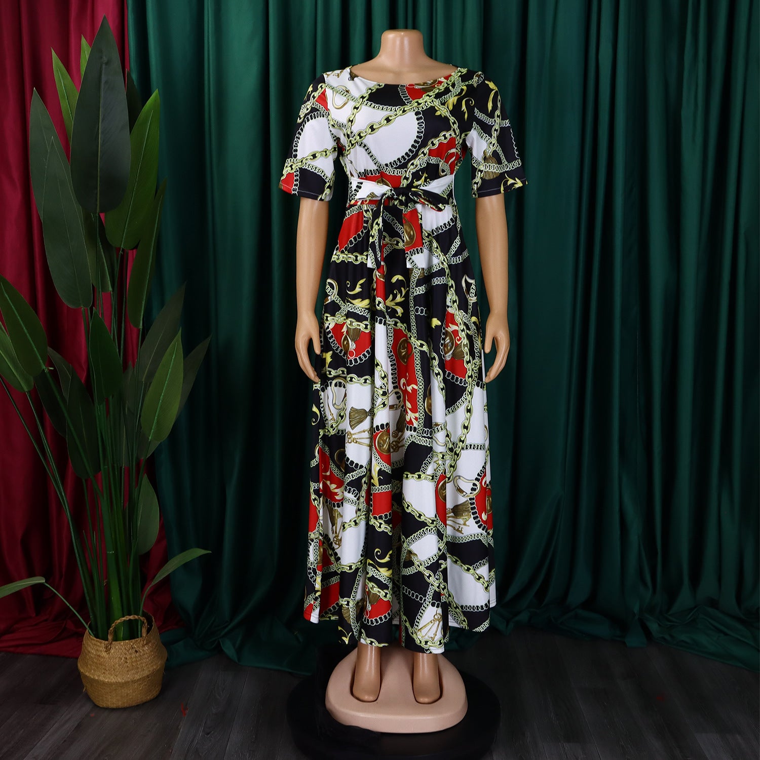 Women's Fashion Chic Tie-Waist African Plus Size Short Sleeve A-Line Dress 40