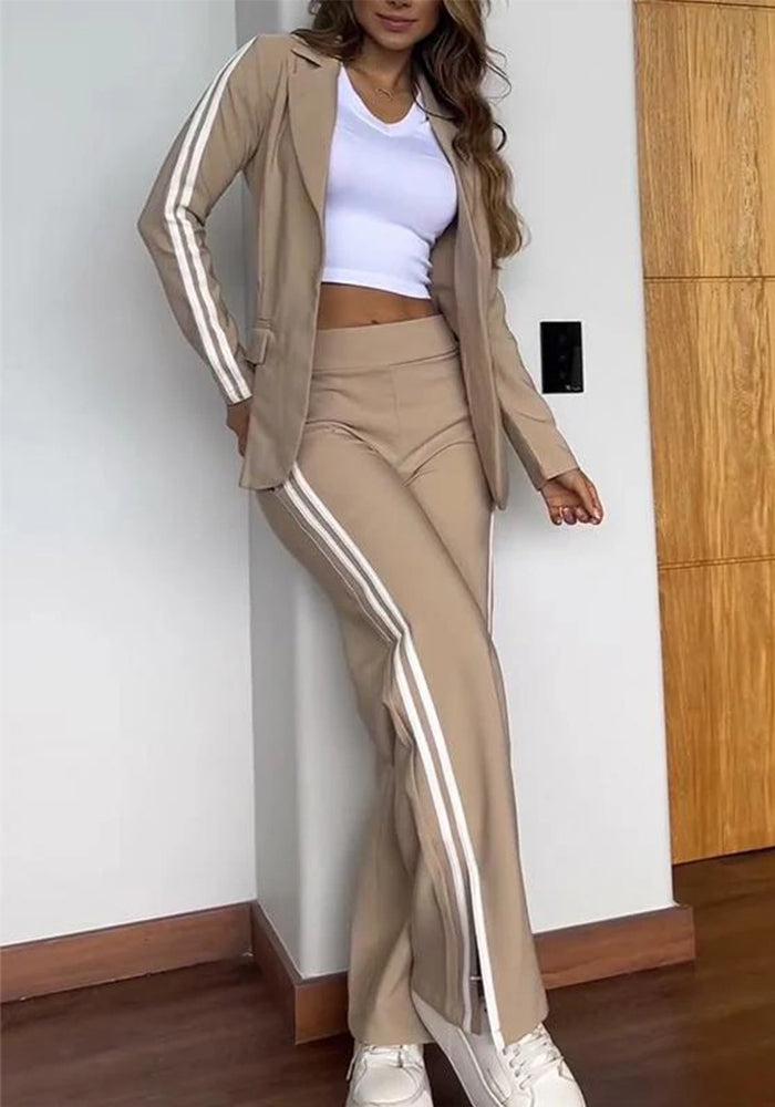 Women Casual Turndown Collar Blazer and Wide Leg Pants Two Piece Set