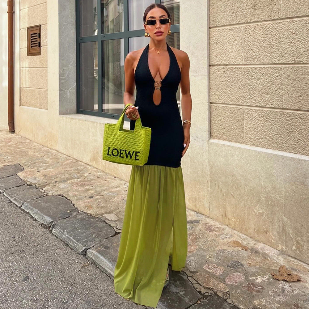 Women's Halter Lace-Up Hollow-Out Color-Block Slit Sexy Dress 4