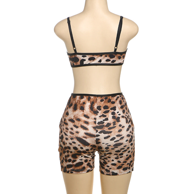 Women summer leopard print suspender Top and shorts Two Piece Set 7