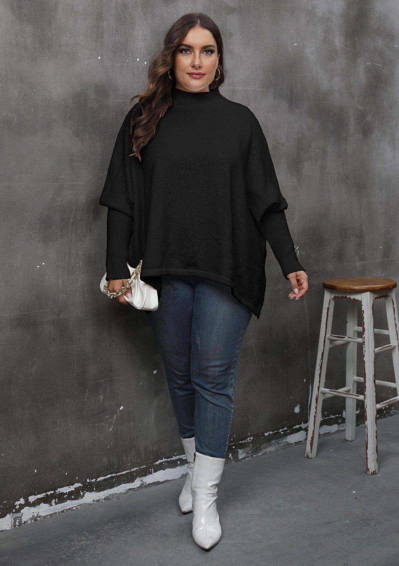 Women's Pullover Top Plus Size Women's Slit Bat Sleeves Turtleneck Loose Sweater 14
