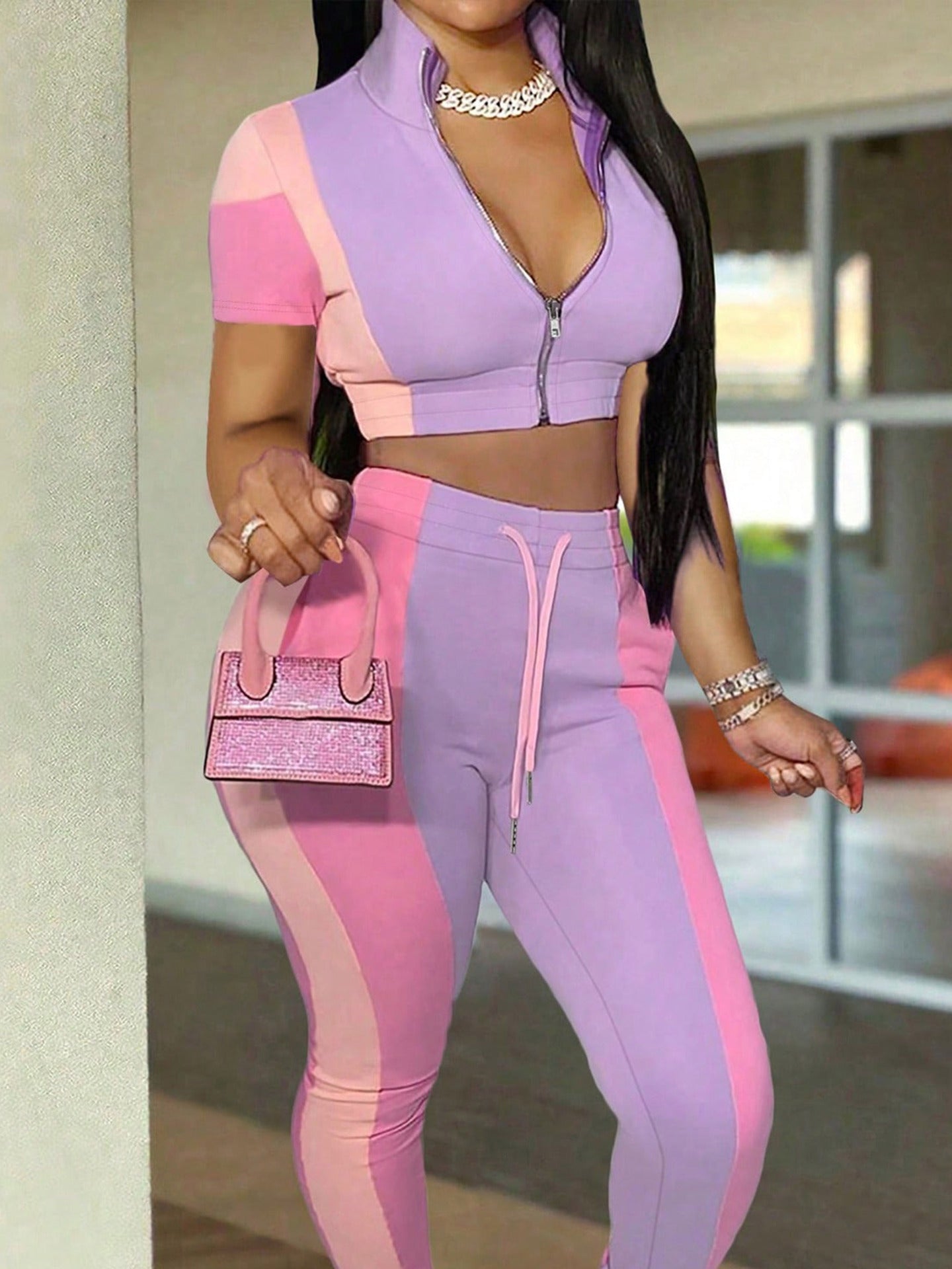 Women Colorblock Zippered Short-Sleeve Top and Casual Pocket Pants Two-Piece Set 4