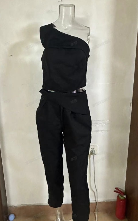 Summer Slash Shoulder Halter Neck Slim Top High Waist Straight Pants Set 6
