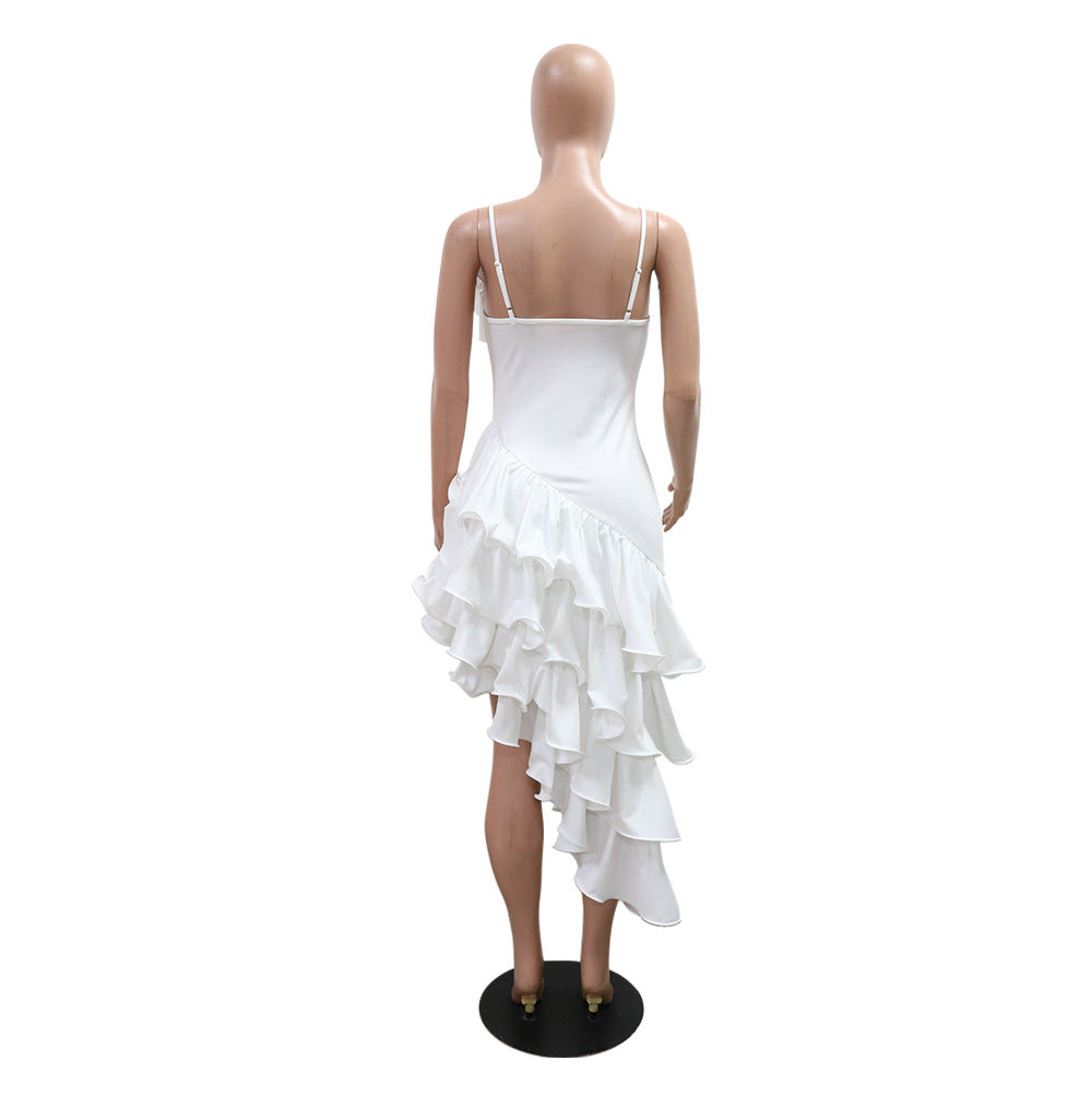 Summer Women's Solid Color Sexy Irregular Ruffle Straps Dress 8