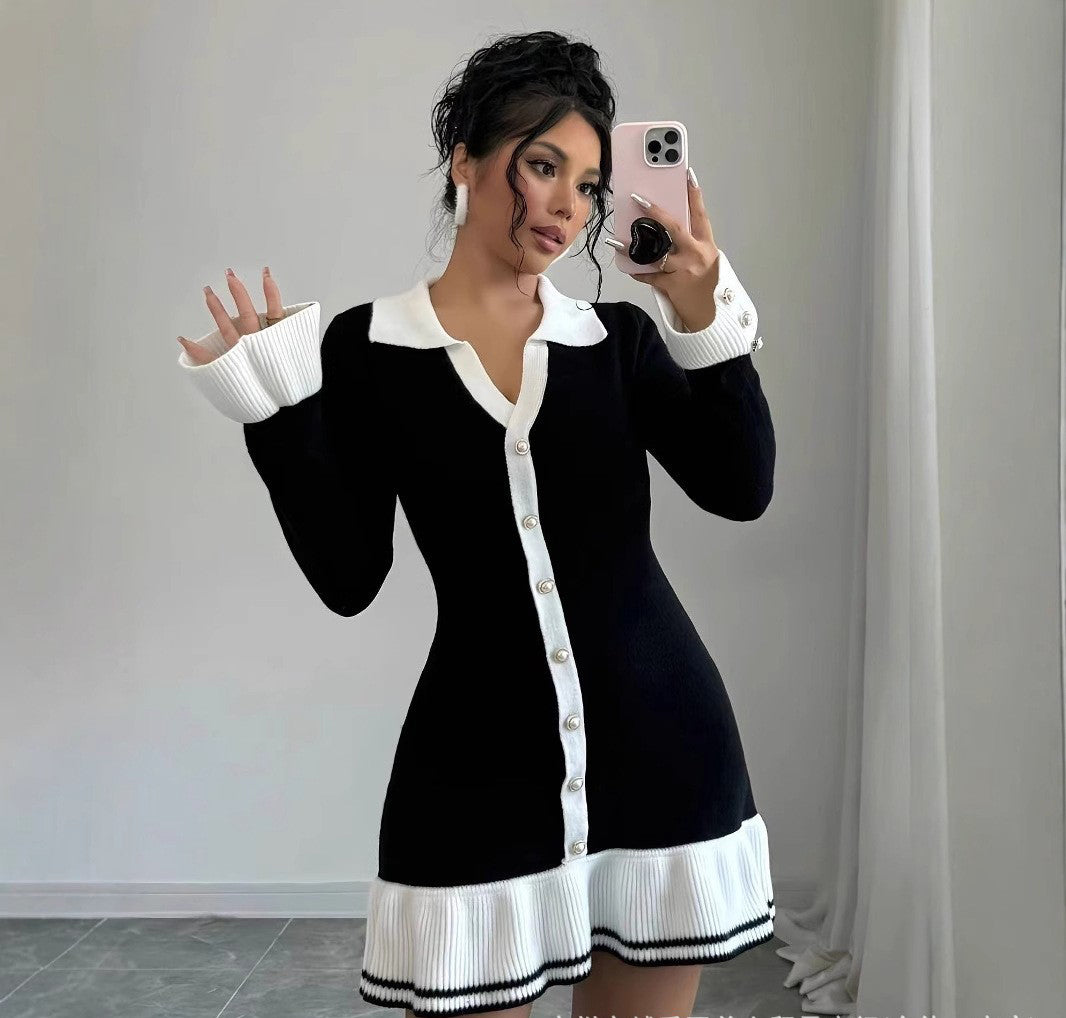 Ruffle Slim V-Neck Knit Long Sleeve Sexy Elegant Dress 8