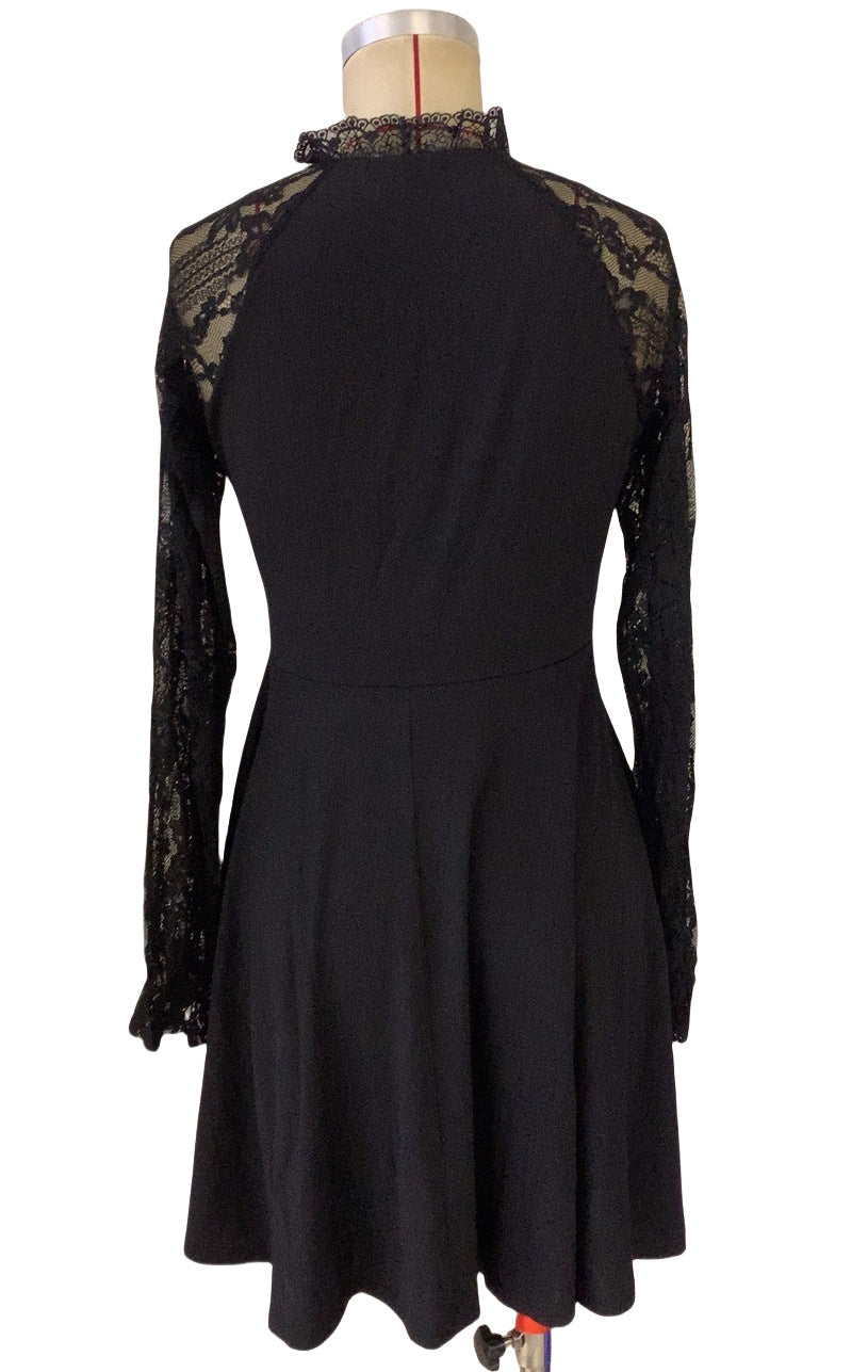 Autumn Winter Elegant Women's Solid Contrast Lace Long Sleeve Casual Dress 8