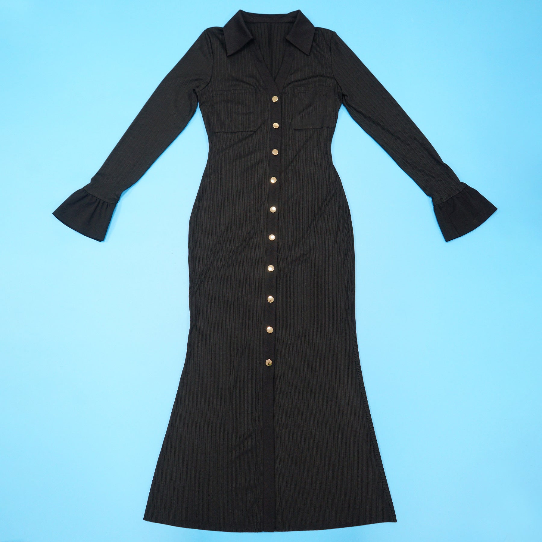 Women's Fashion V-Neck Single Row Buttons Long Sleeve Solid Long Dress 14