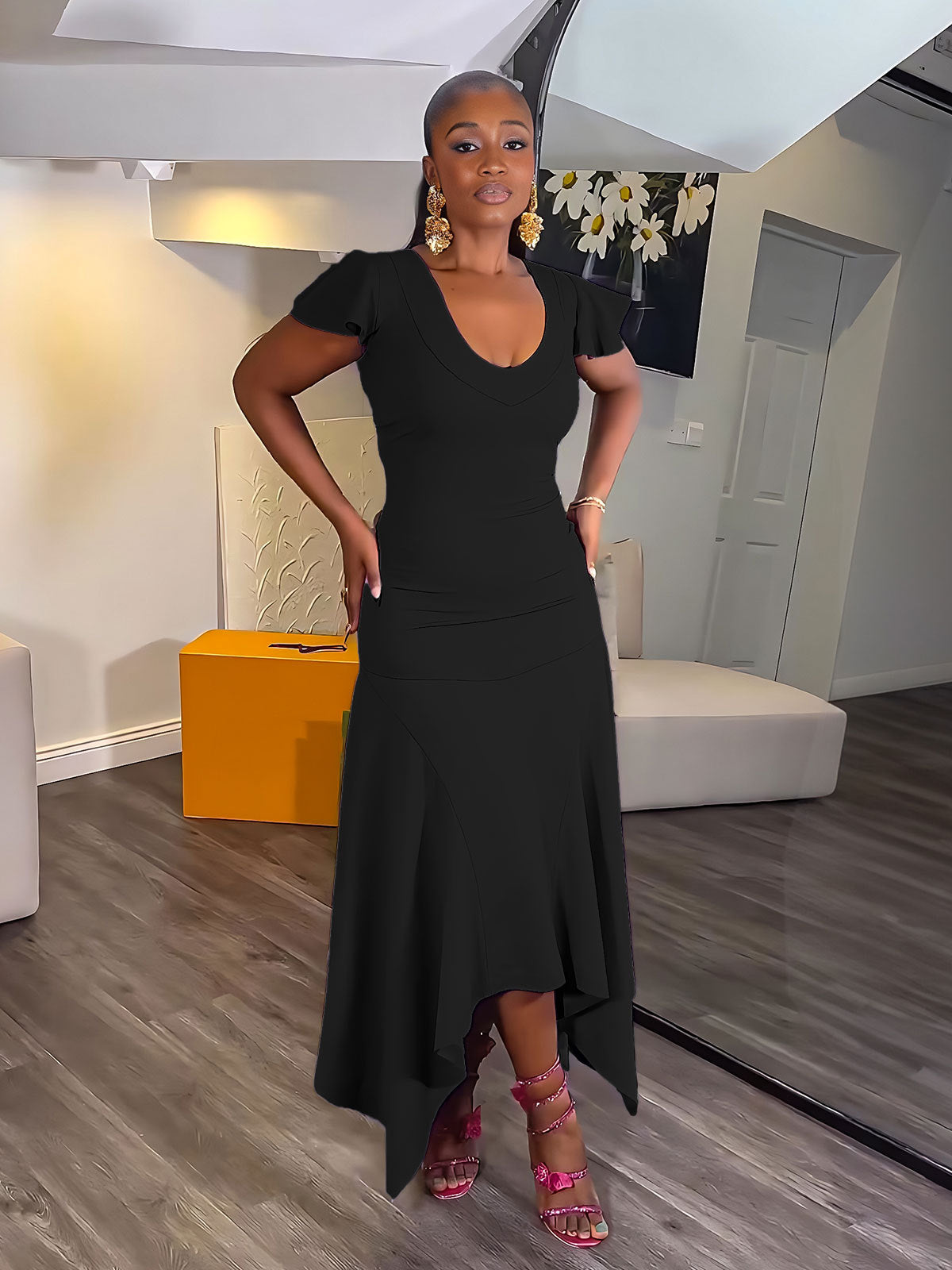 Chic Slim Fit Irregular Solid Color High Waist Women's Dress 3