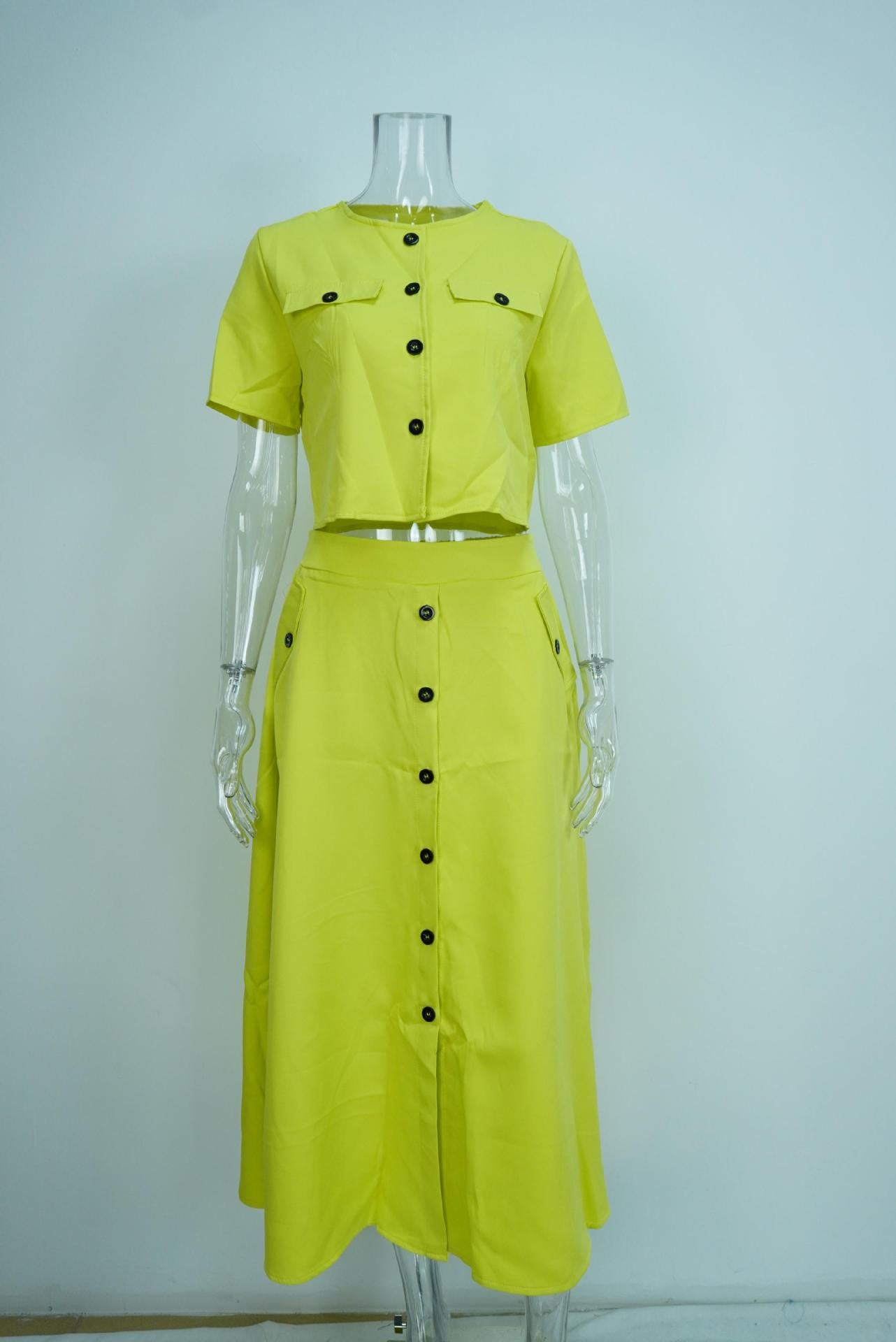 Elegant Solid Short Sleeve Spring Casual Two Piece Skirt Set 8