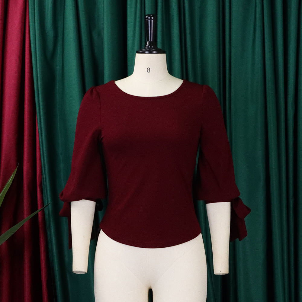 Women's Spring Fashion Chic Slim Fit Solid Lace-Up Bubble Sleeve Shirt 11