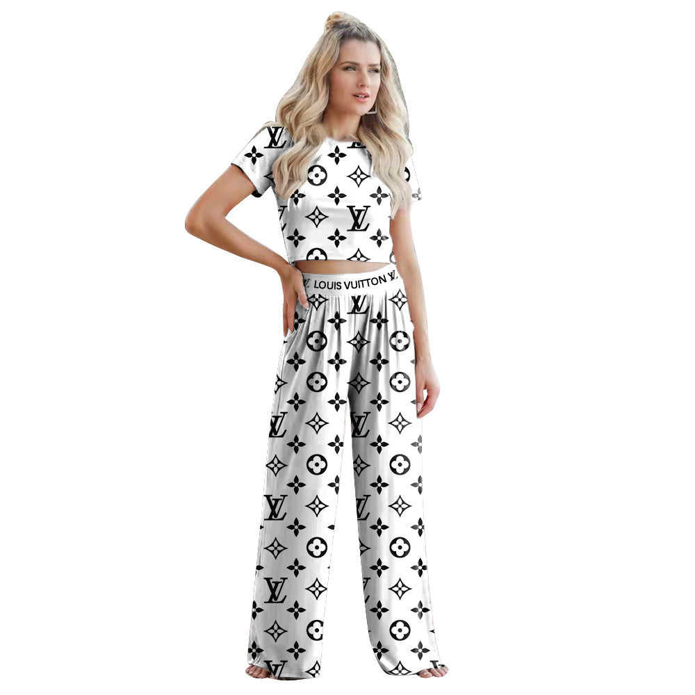 Women's Summer Sexy Short Sleeve Wide Leg Two-Piece Pants Set 5