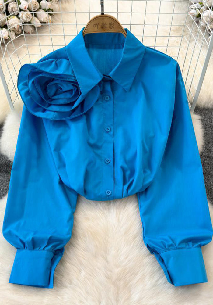 Women spring and autumn floral long-sleeved Turndown Collar Solid Casual Top