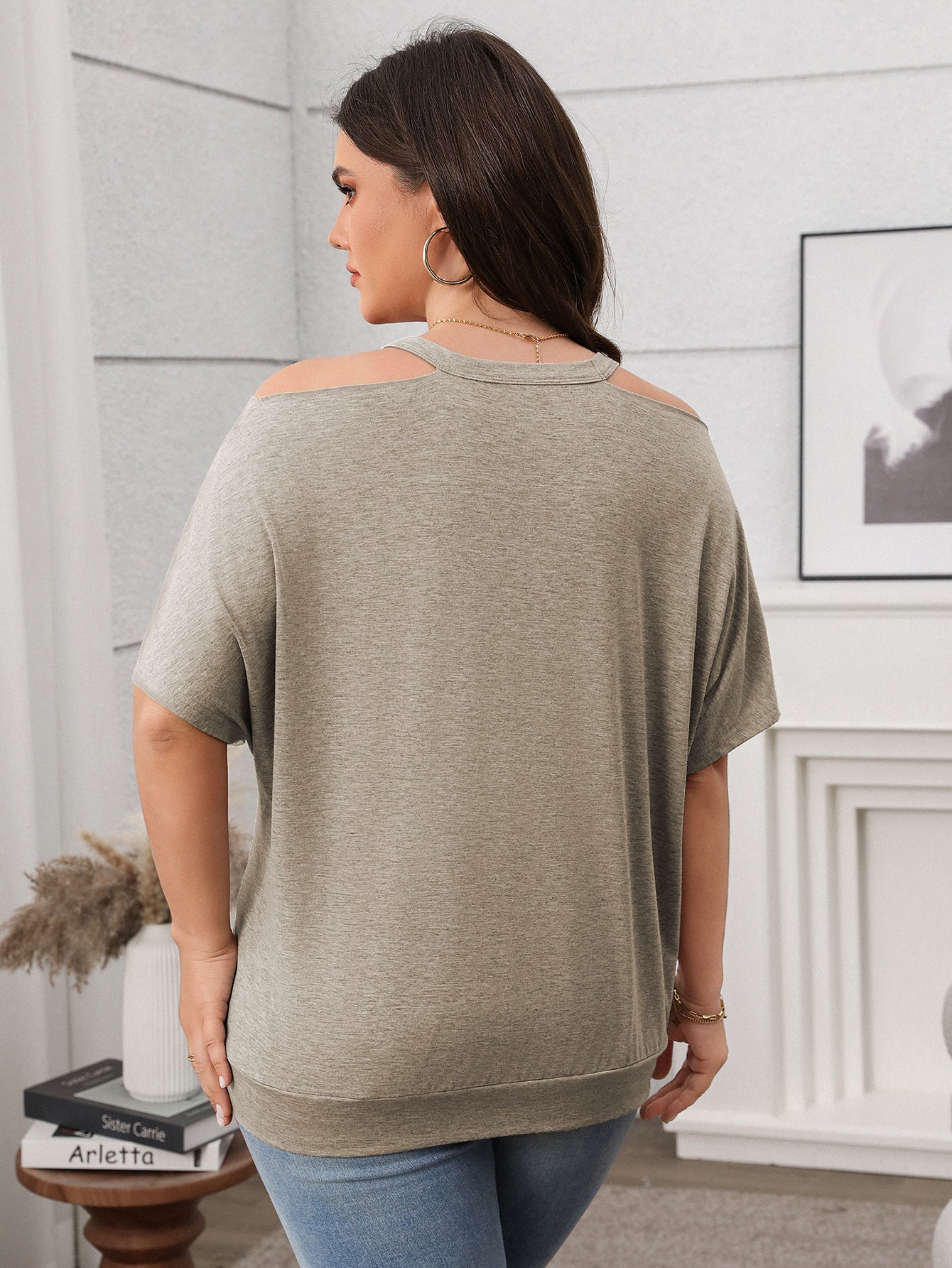 Spring/Summer Women's Plus Size Casual Solid Color Slash Shoulder Bat Sleeve Top 20