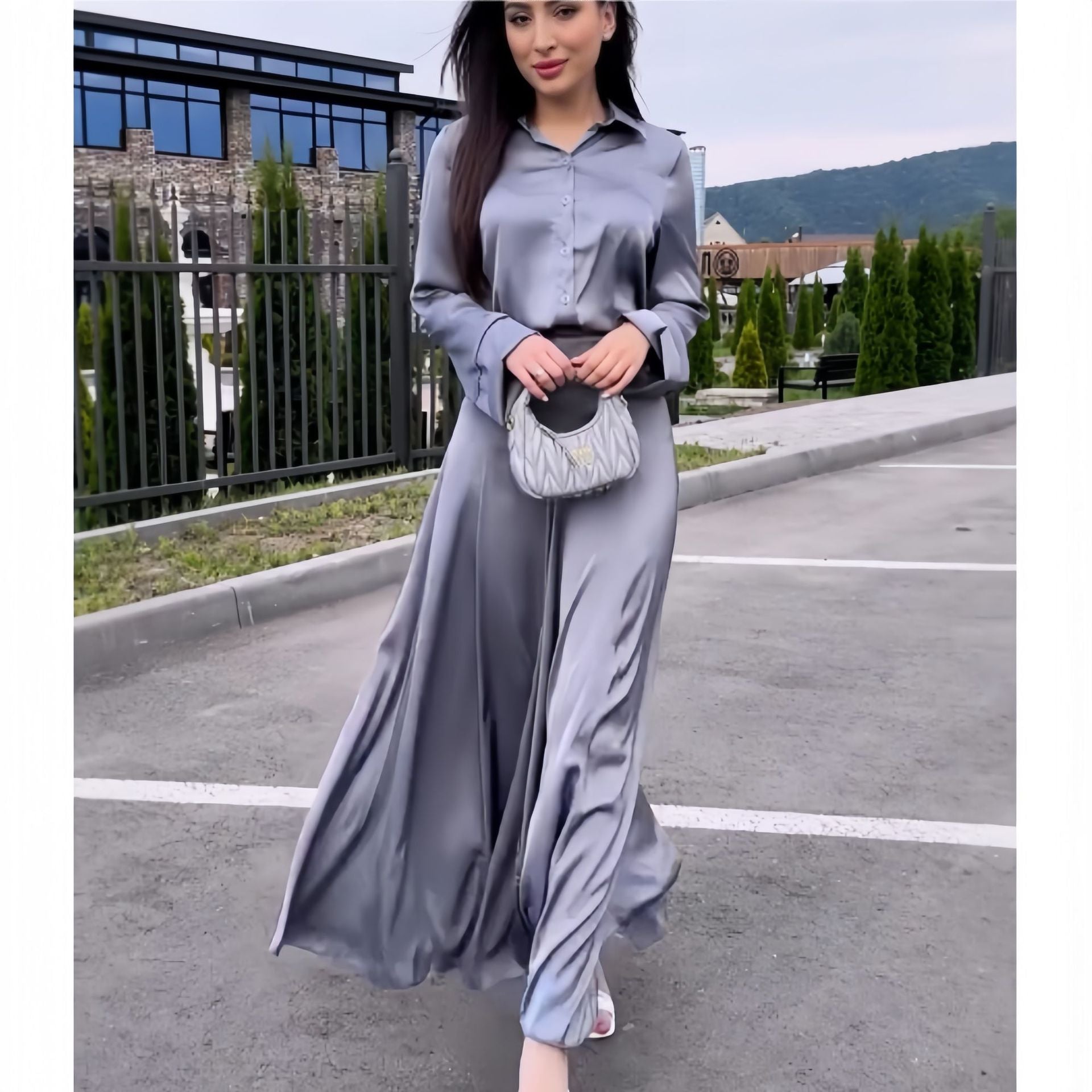 Women's Satin Fashionable Chic Long Sleeve Shirt High Waist Skirt Two-Piece Set 3