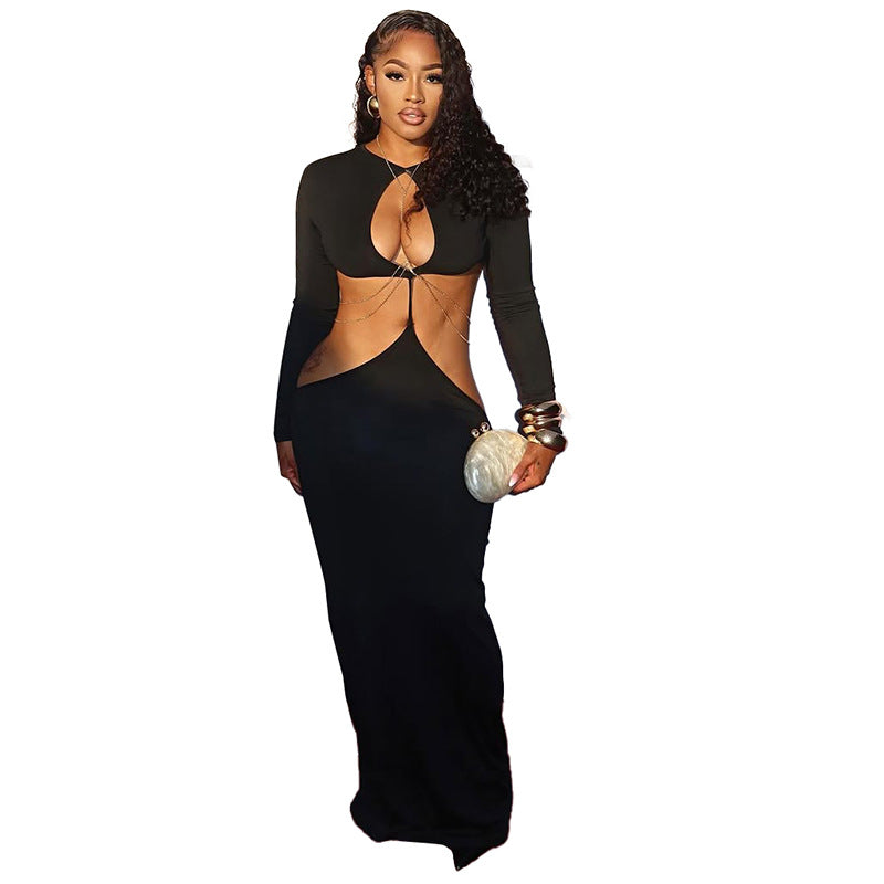 Women's Sexy Hollow Out Round Neck Long Sleeve Open Waist Slim Maxi Dress 19
