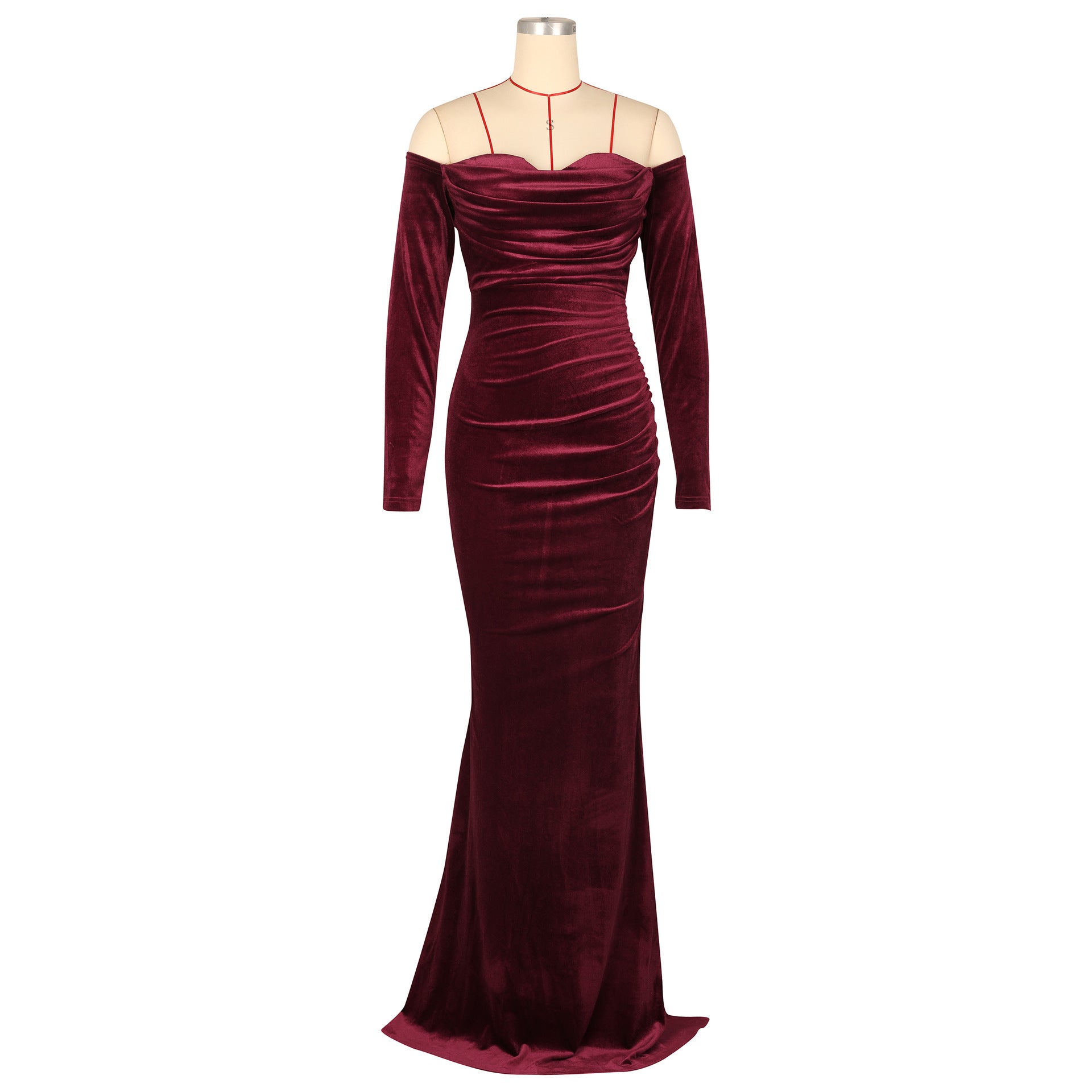 Women's Sexy Solid Color Off Shoulder Long Sleeve Slit Velvet Party Dress 16