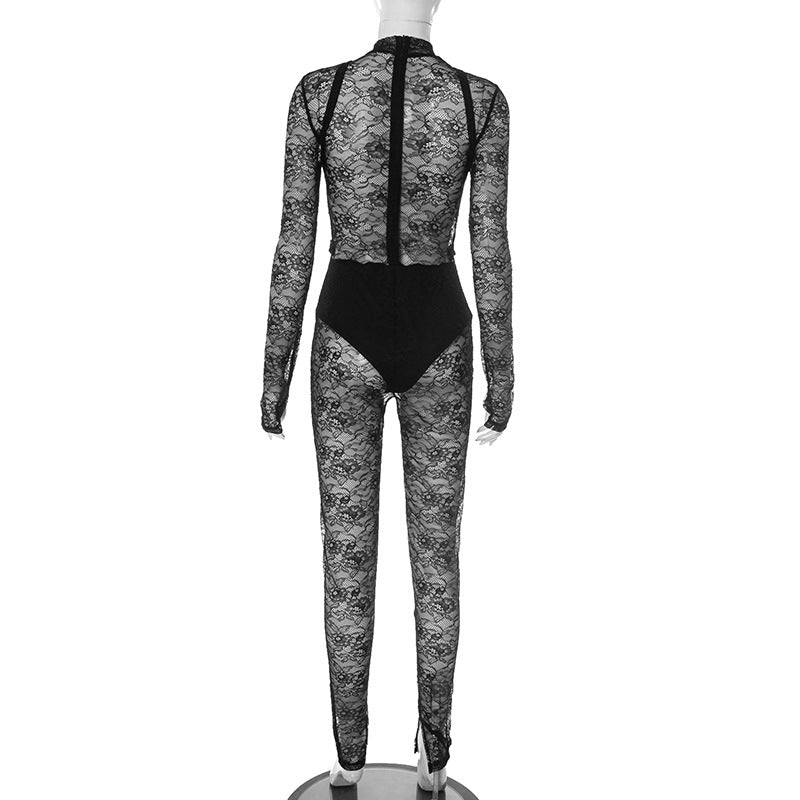 Women's Spring-Summer Lace See-Through Zipper Jumpsuit 8