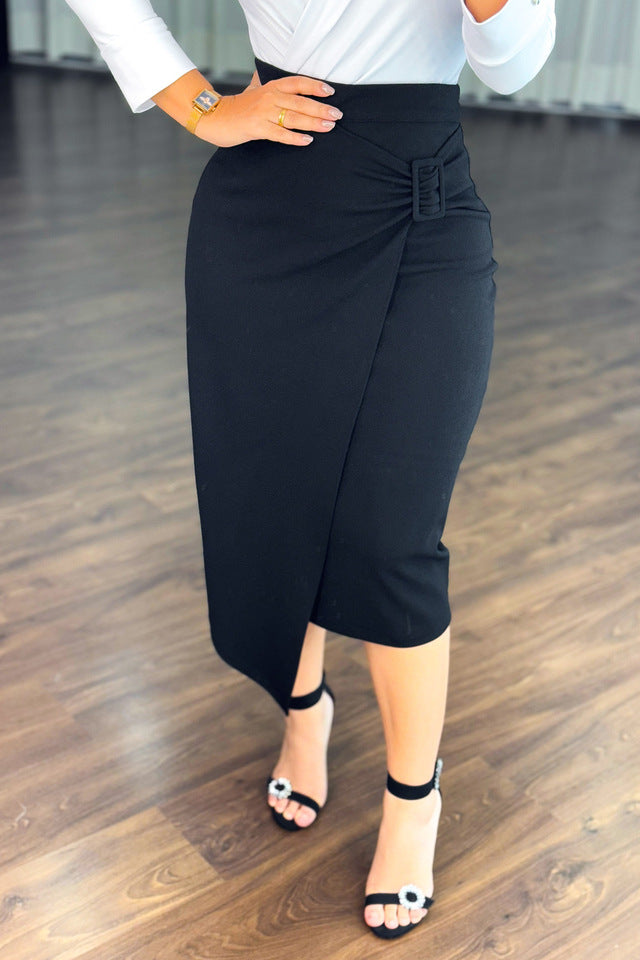 Women's black high waist Career lace-up waist fake two-piece long skirt