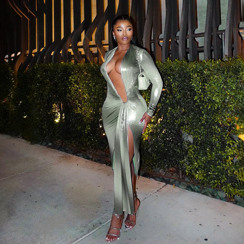 Women Glossy V-Neck Slit Ribbon Dress 3