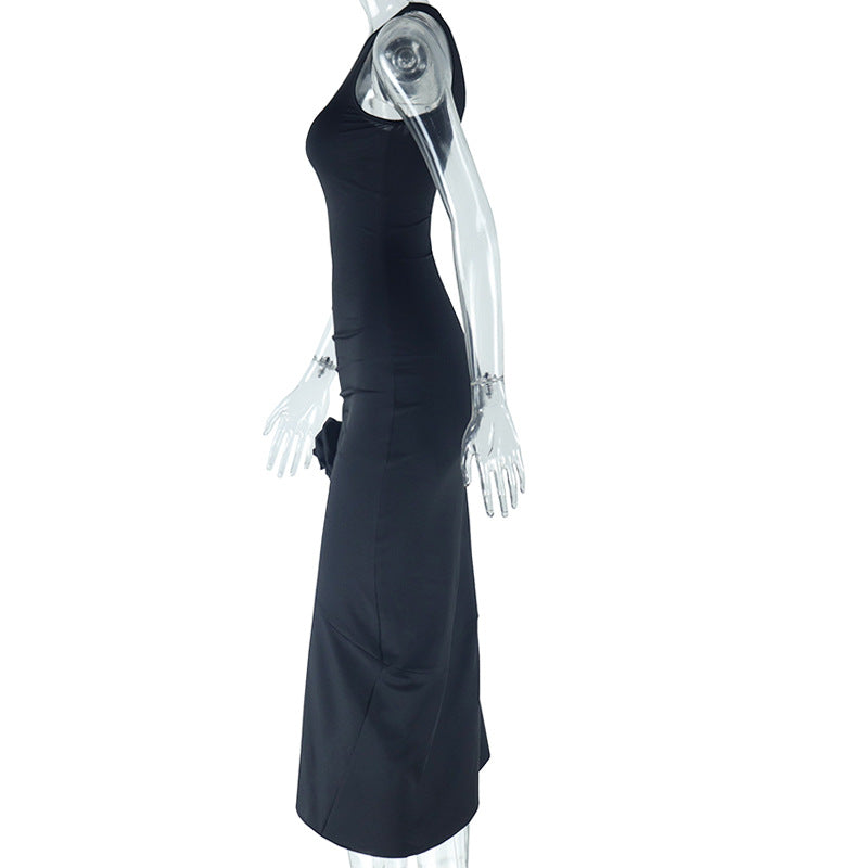 Women's Solid Color Round Neck Sleeveless Flower Decorated Irregular Dress 12