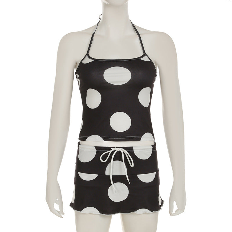 Polka Dot Black And White Contrast Print Halter Neck Crop Strap Top Drawstring High Waist Ruffle Skirt Casual Sexy Two Piece Set 10