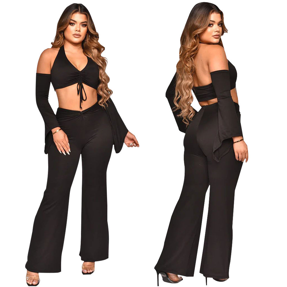 Women Fall Sexy Halter Neck Tie Crop Top+ Pants Two Piece 5