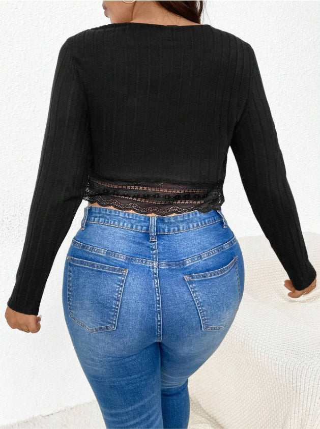 Colorblock Plus Size Women Lace Patch Round Neck T-Shirt