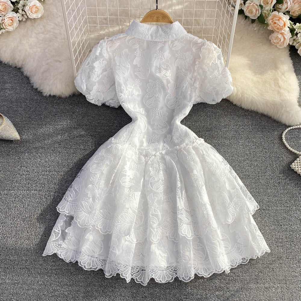 Summer Chic Turndown Collar Single-Breasted White Embroidered Puff Sleeve A-Line Layer Dress 5