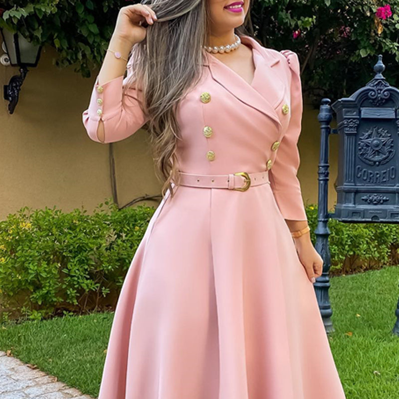 Elegant Women'S Turndown Collar Carrer A-Line Dress With Belt 6