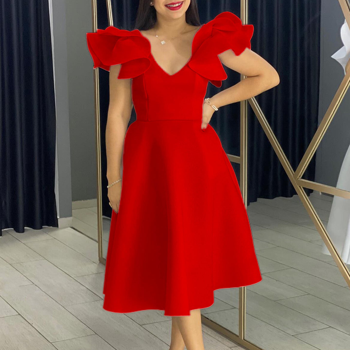 Summer Style Ruffle V-Neck High Waist A-Line Formal Party Dress 5