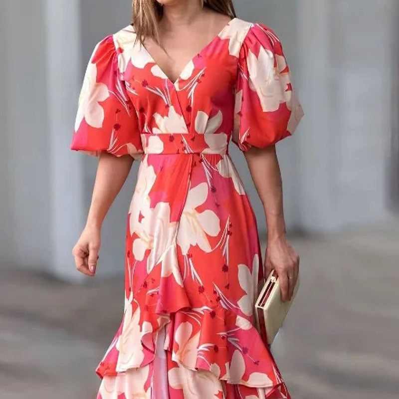 Summer Multi-Color Fashion Elegant V Neck Print Layered Dress 4