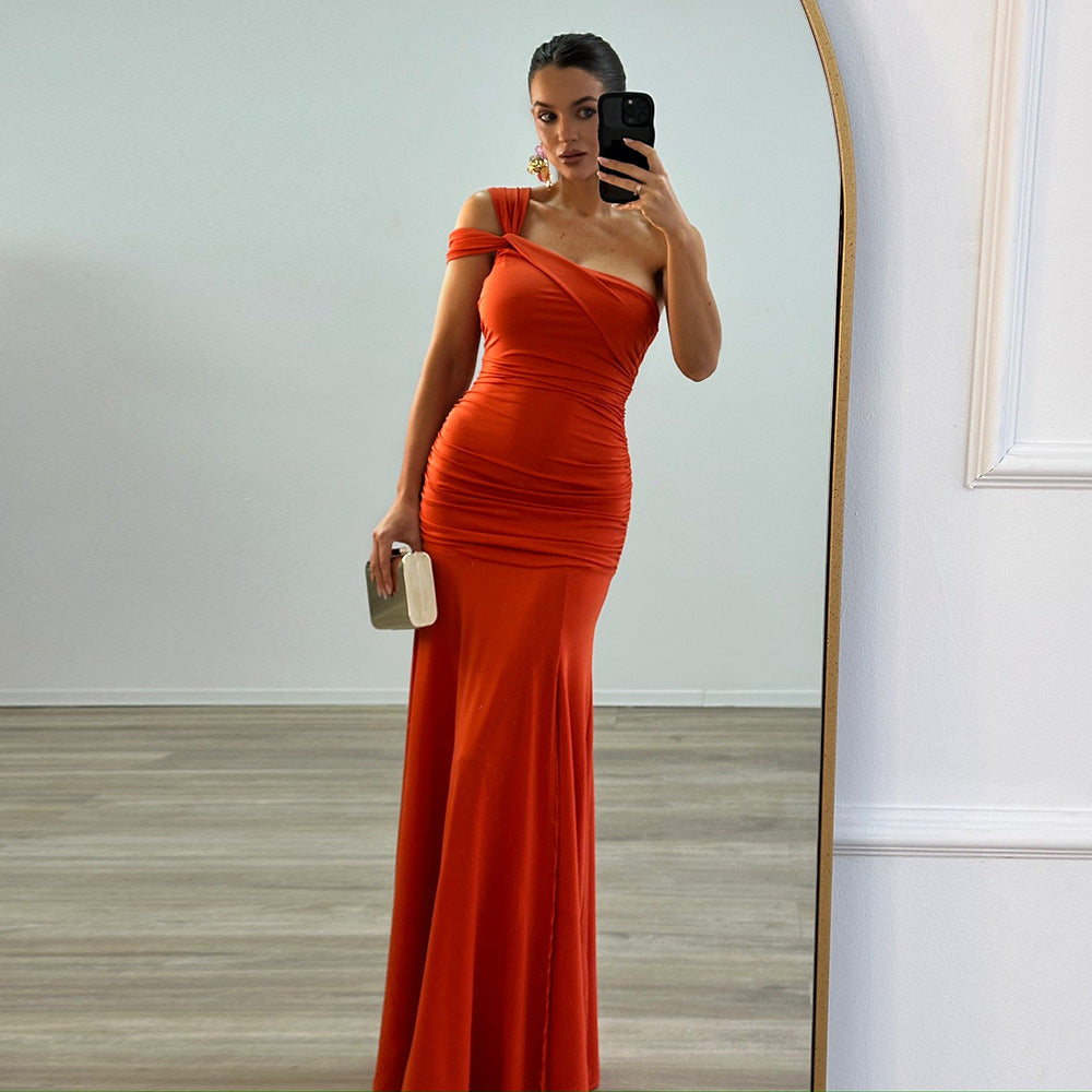 Summer Trendy Sexy Slash-Shoulder Slit Solid Color Ruched Sleeveless Maxi Dress 4