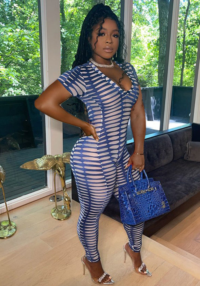 Women's Sexy Tight Fitting Mesh Print V-Neck Casual Jumpsuit