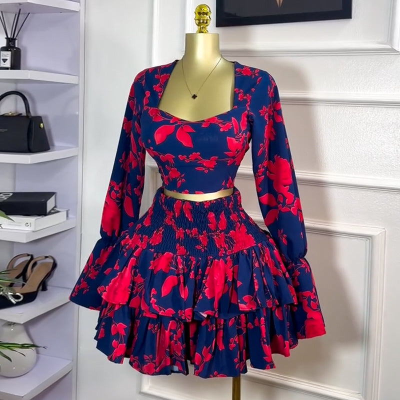 Women's Sweet Floral Print Square Neck Long Sleeve Blouse High-Waist Ruffle Skirt Two-Piece Set 3