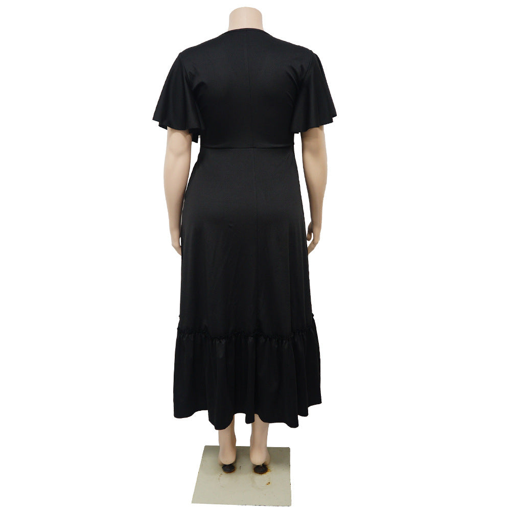 Plus Size Women V-Neck Ruffle Sleeve Pleated Casual Dress 11