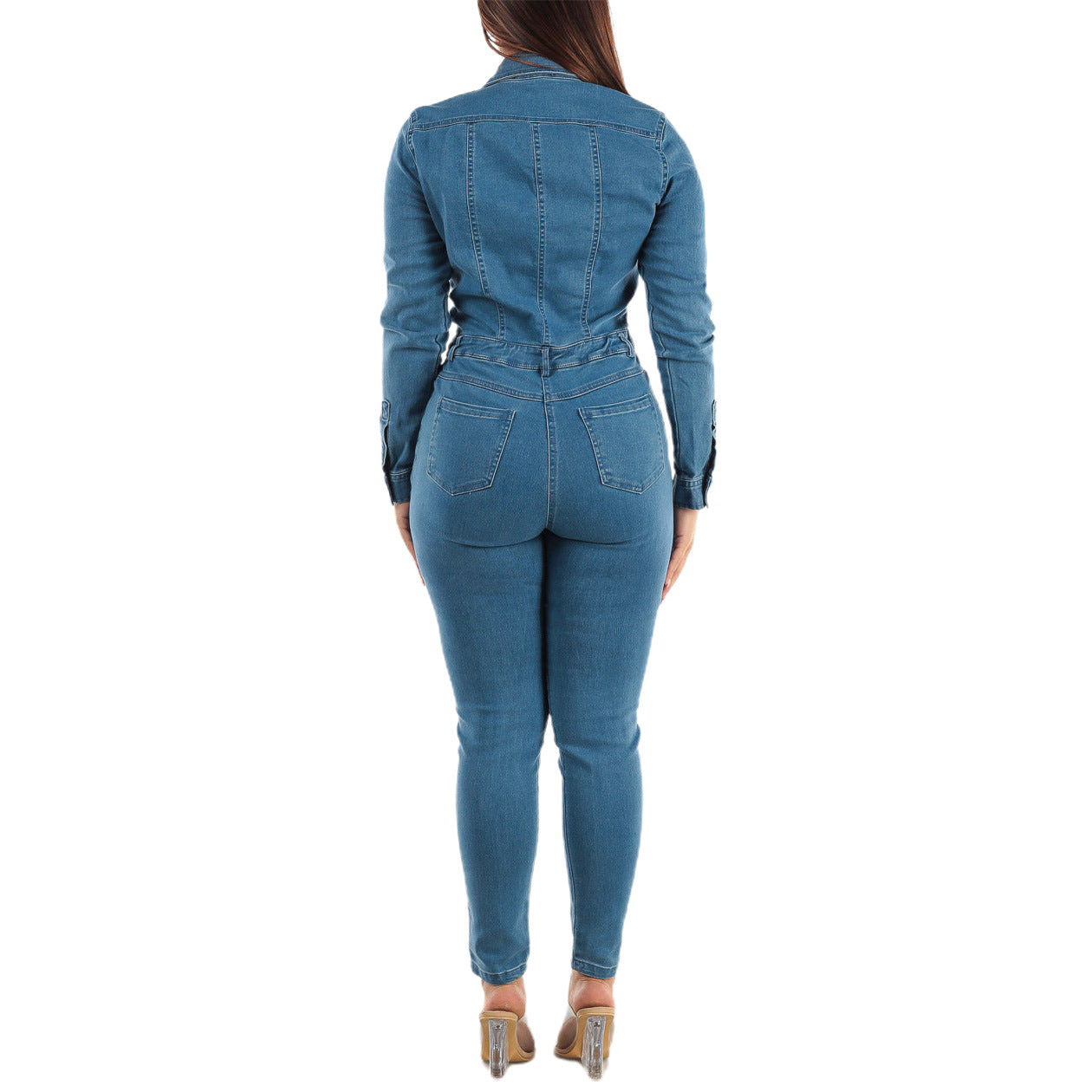 Slim Fit Long Sleeve Tiny Foot Washed Denim Jumpsuit 5
