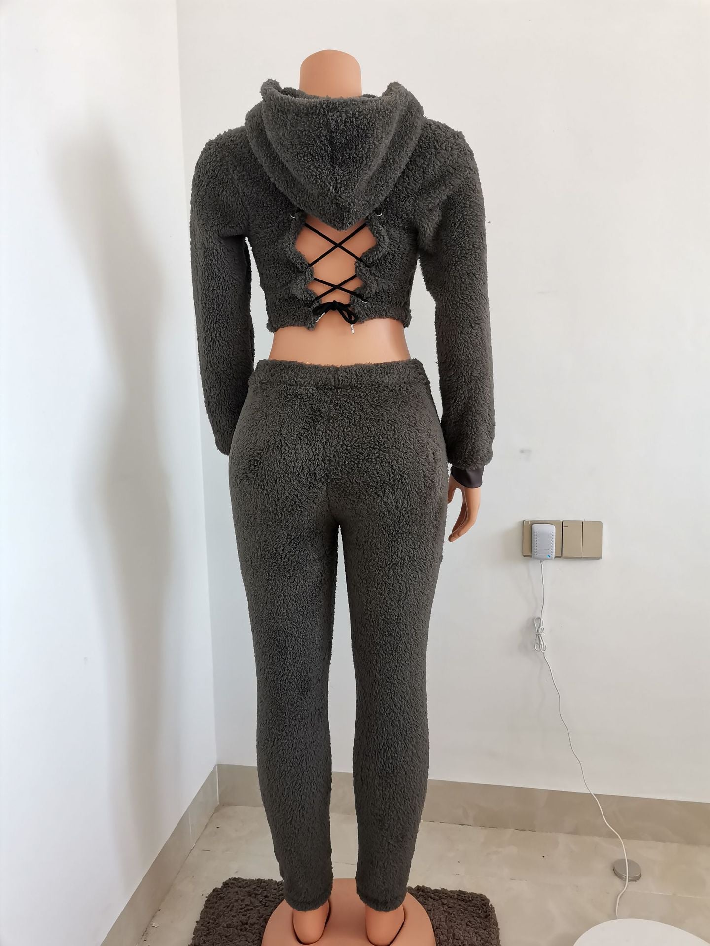 Plus Size Women Sherpa Backless Hood Top and Pant Two Piece Set 13