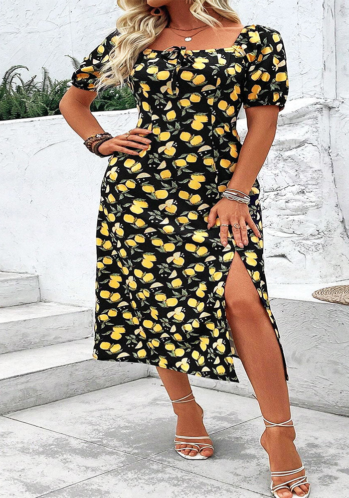 Plus Size Women's Summer Lemon Print High Waist Casual Midi Dress