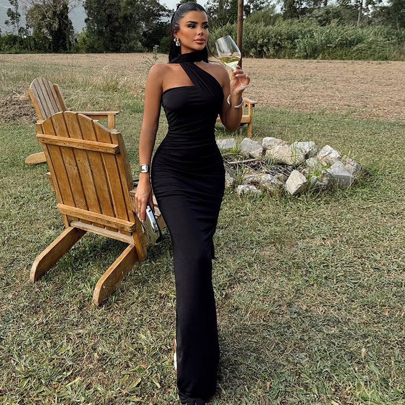 Women Sexy Backless Solid Halter Neck Slit Dress 6