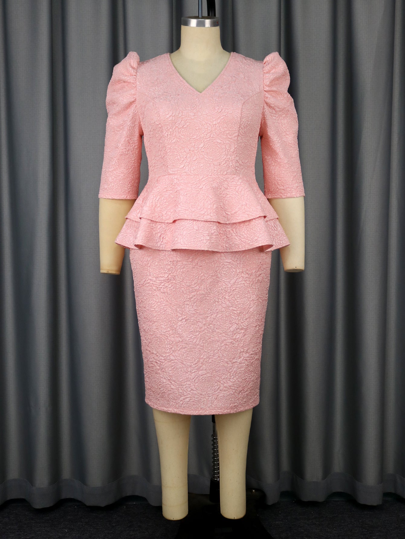 Elegant V-Neck Rose Jacquard Ruffle Slim Bodycon Formal Party Evening Dress 6