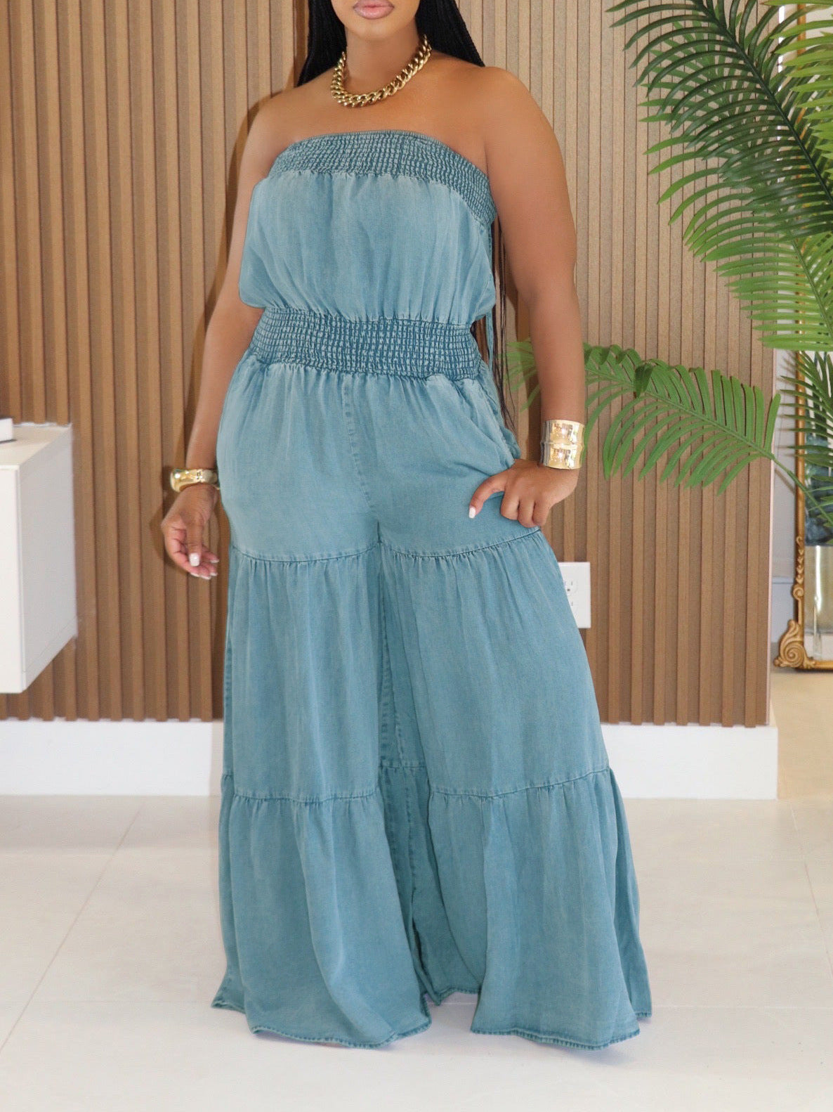 Women Denim Solid Strapless Sleeveless Wide-Leg Jumpsuit 3