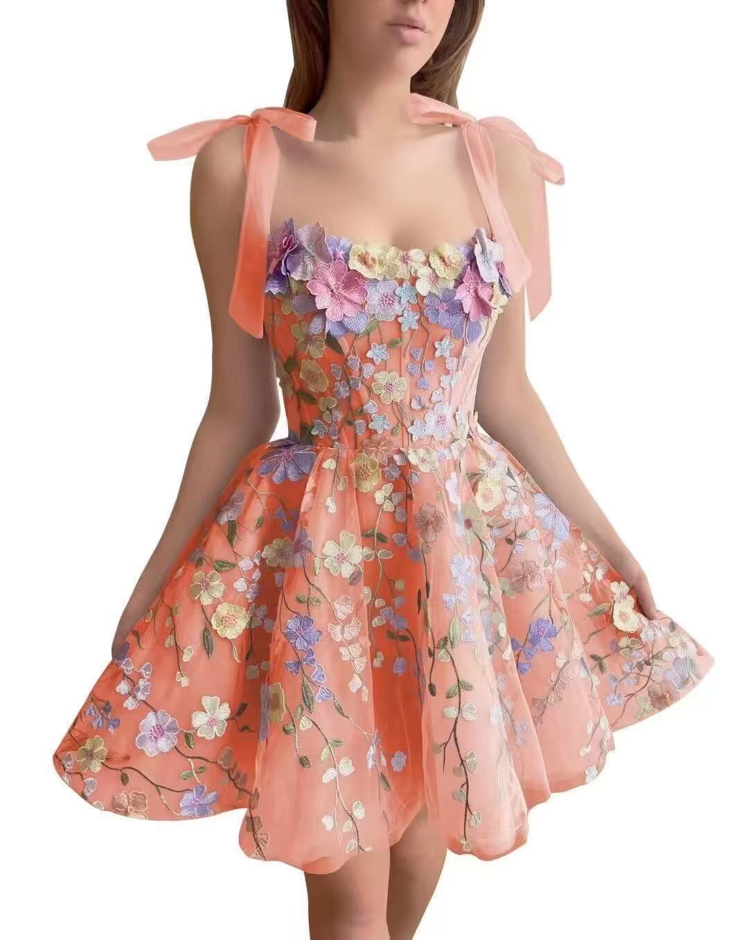 Embroidered Flower Decoration Purple Mesh Slim Waist Strap Short Women Dress 3