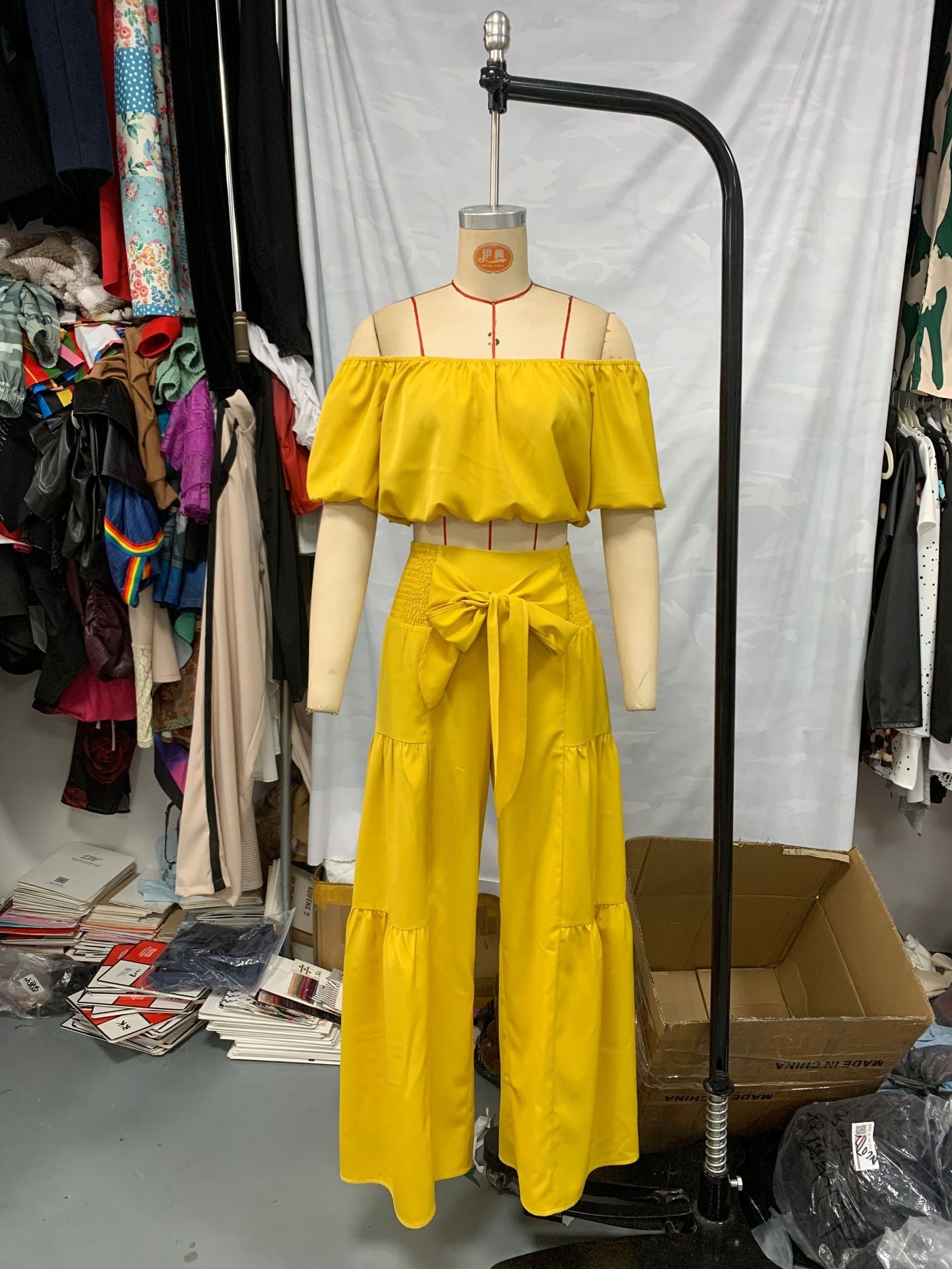 Women Short Sleeve Top Lace-Up Pleated Wide Leg Pants Two Piece Set 8